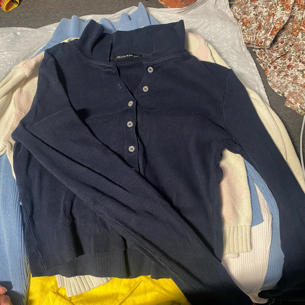 Brandy Melville Navy Ribbed Caroline Polo Cardigan